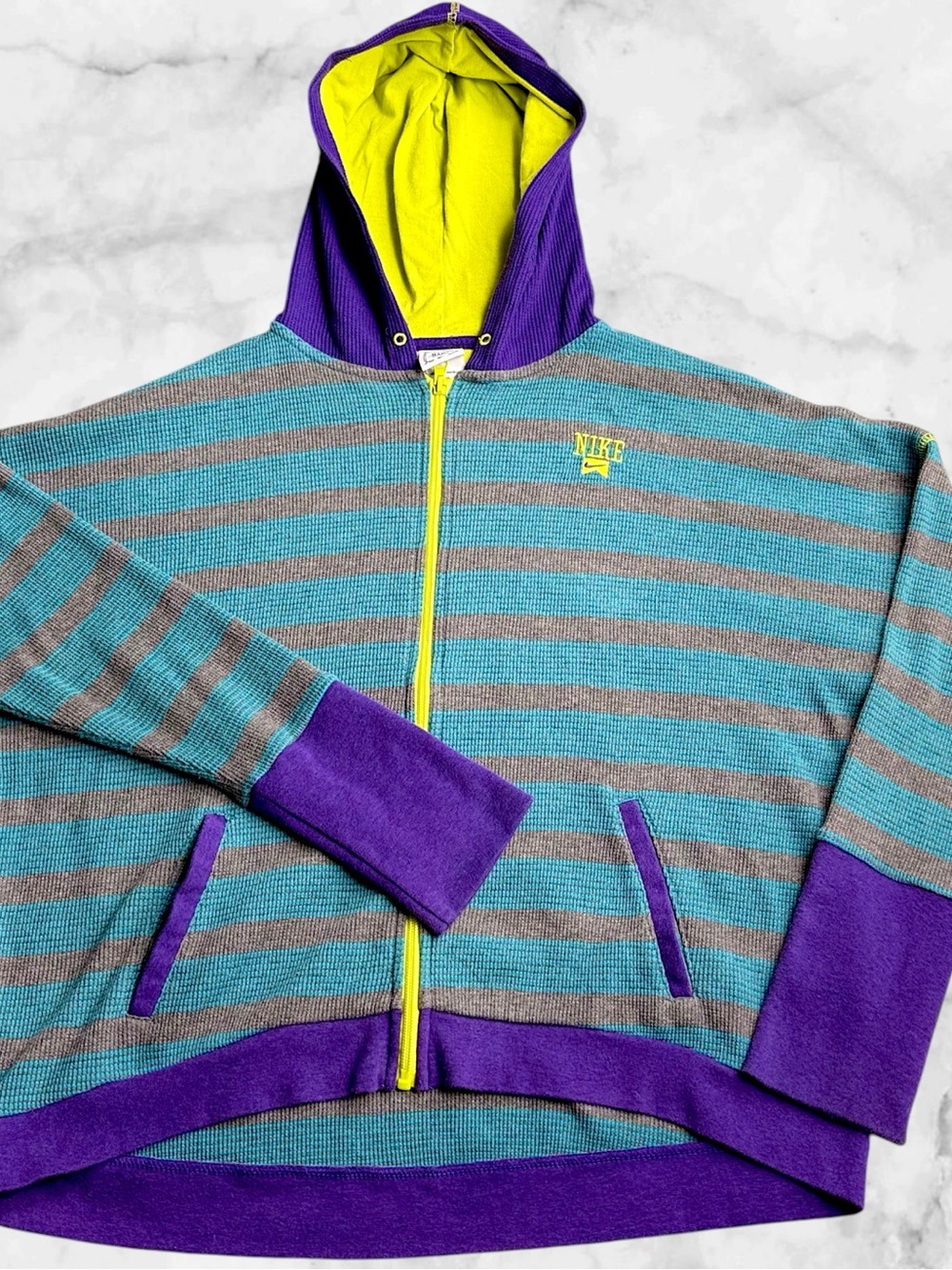 Nike Youth XL Vintage Y2K Waffle Knit Full Zip Hoodie Colorblock Striped 90s